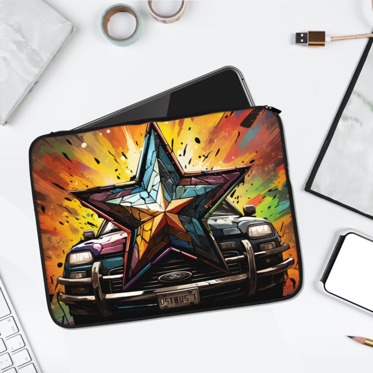 3D Star & Car laptop sleeve with vibrant orange, yellow, and blue colors, featuring a bold star design and an automotive-themed background. laptop sleeve kept on a plain white background