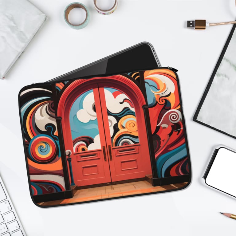 Infidu Vibrant Arch Door Laptop Sleeve with red arch and colorful swirling patterns, set against a clear sky background. laptop sleeve kept on a plain white background