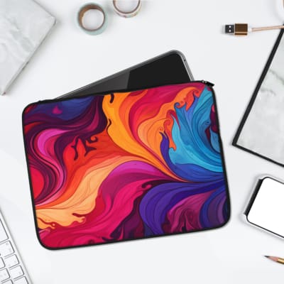 Infidu Vibrant Abstract Swirl Laptop Sleeve with vibrant swirls in purple, orange, blue, and red, offering modern and artistic protection. laptop sleeve kept on a plain white background