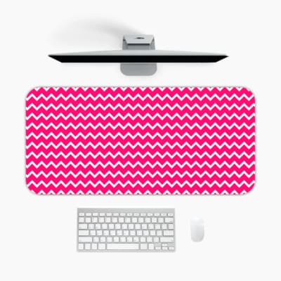 Infidu Vibrant Pink and White Striped Desk Mat with dynamic alternating pink and white stripes. A desk pad under the computer