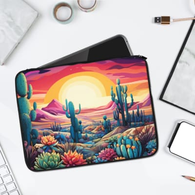 Vibrant desert cacti and sunset laptop sleeve with shades of orange, pink, purple, and blue, offering a bold and colorful design. laptop sleeve kept on a plain white background