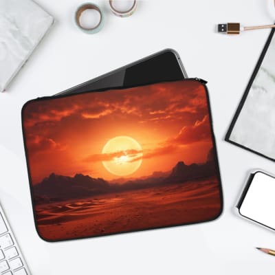 Infidu Sunset Landscape Laptop Sleeve with a vibrant red and orange sunset design over a peaceful landscape. laptop sleeve kept on a plain white background