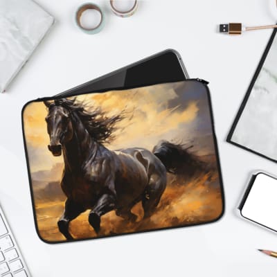 Infidu Black Horse Laptop Sleeve with dynamic sandy terrain and cloudy sky design, showcasing a powerful black horse running. laptop sleeve kept on a plain white background