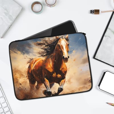 Infidu Galloping Horse Laptop Sleeve with dynamic dusty background and earthy brown tones. laptop sleeve kept on a plain white background