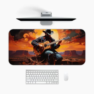 Desk mat showing a person playing guitar at sunset in a desert landscape. A desk pad under the computer
