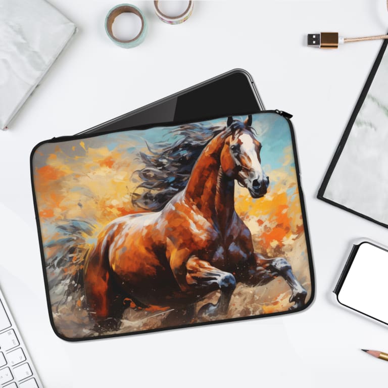 Infidu Majestic Horse in Motion Laptop Sleeve with dynamic horse design in brown tones and dramatic orange, yellow, and gray background. laptop sleeve kept on a plain white background