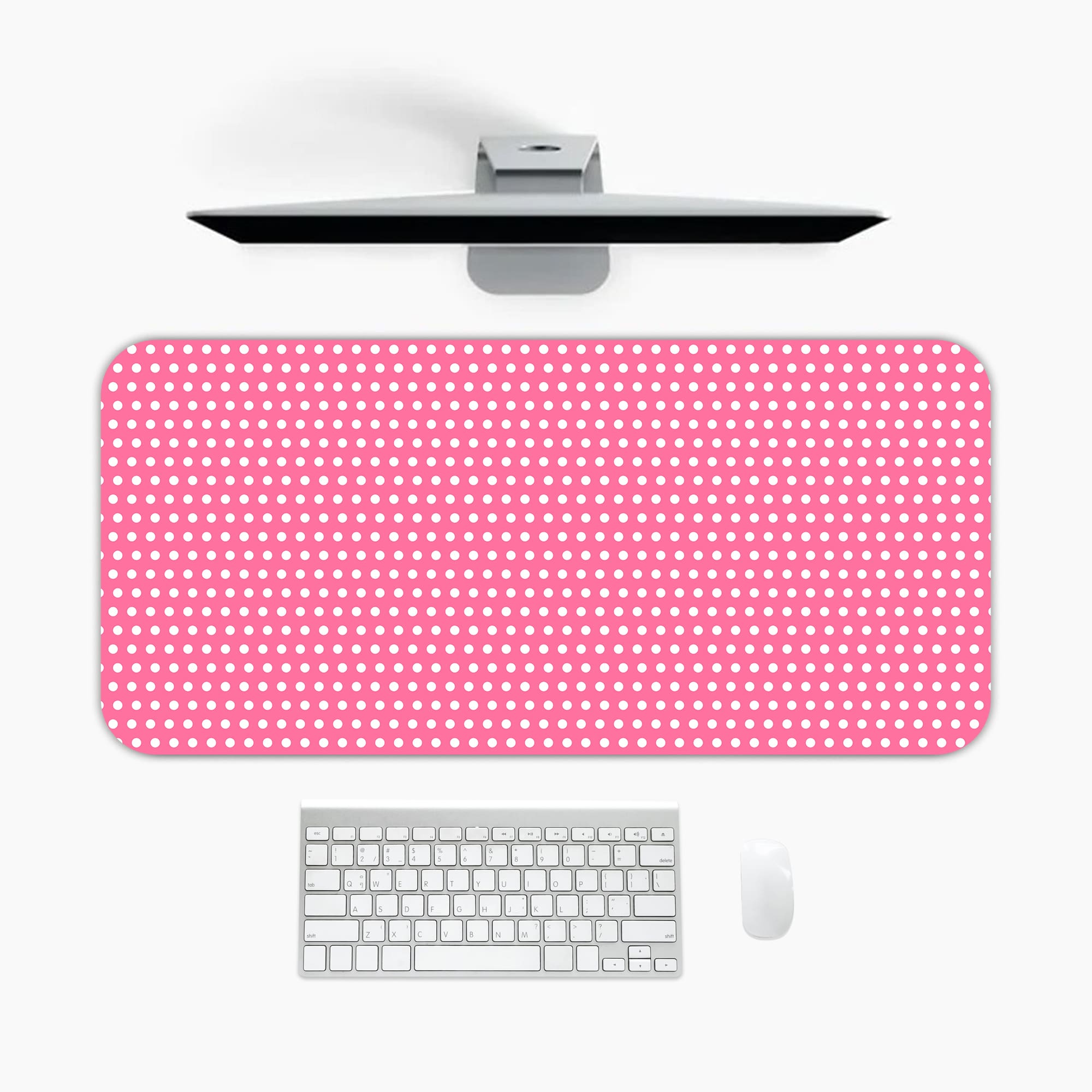 Infidu Pink Desk Mat with White Polka Dots A desk pad under the computer