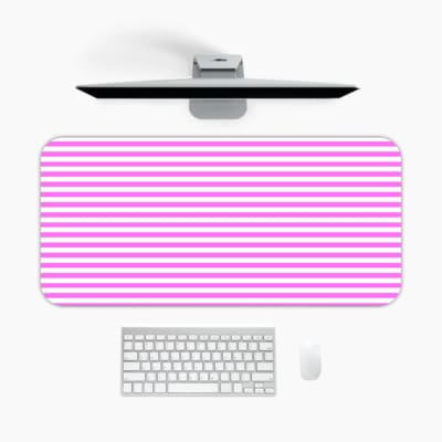 Pink and white striped desk pad with horizontal lines on a white background. A desk pad under the computer