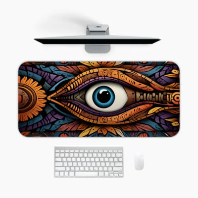 Desk pad with a vibrant eye and intricate colorful patterns in blue, purple, orange, and yellow. A desk pad under the computer