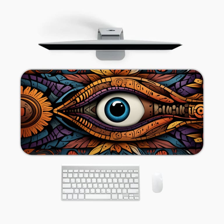 Desk pad with a vibrant eye and intricate colorful patterns in blue, purple, orange, and yellow. A desk pad under the computer