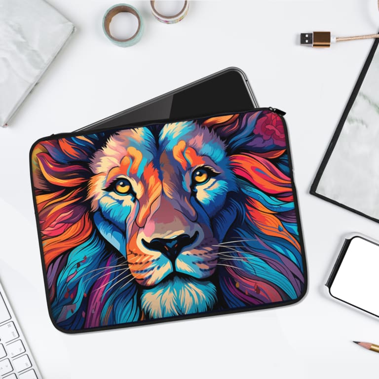 Infidu Artistic Lion Laptop Sleeve with vibrant colors, featuring a bold lion design in blue, orange, purple, and pink. laptop sleeve kept on a plain white background