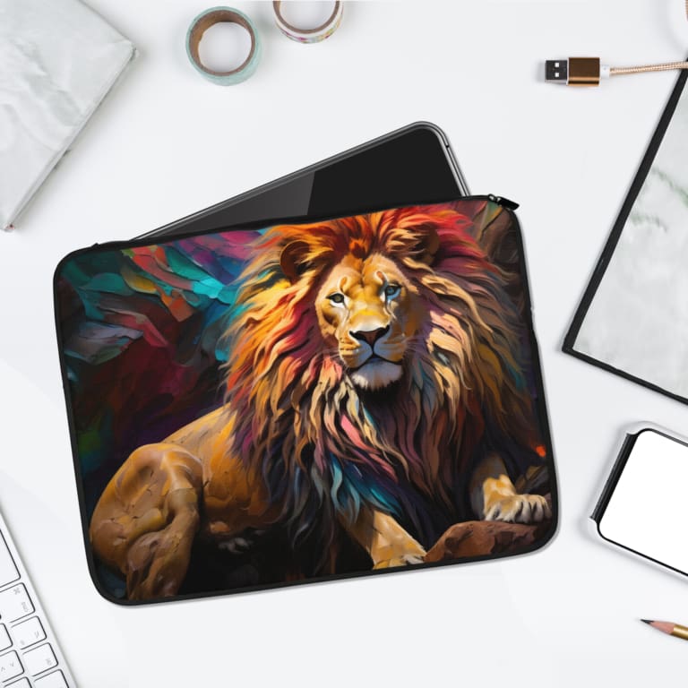 Realistic lion design with vibrant mane in orange, yellow, red, and blue on a laptop sleeve. laptop sleeve kept on a plain white background