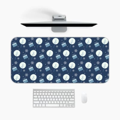 Infidu Dark Blue Desk Pad with white circles, light blue stripes, and snowflake pattern. A desk pad under the computer