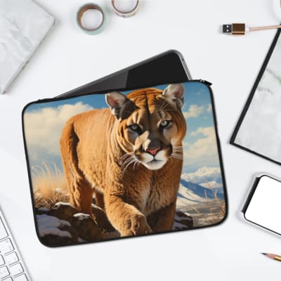 Infidu Mountain Lion Laptop Sleeve with a rocky landscape design featuring a cougar, blending nature and wildlife elements. laptop sleeve kept on a plain white background