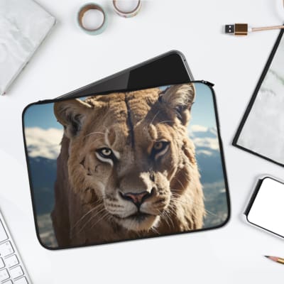 Infidu Lion Face Laptop Sleeve with Scenic Mountain View - Bold design with nature-inspired artwork for laptop protection. laptop sleeve kept on a plain white background