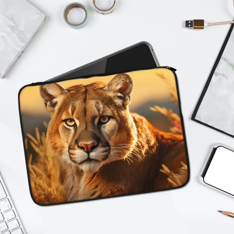 Infidu Cougar Laptop Sleeve - Natural Outdoor Design featuring a cougar with golden grass and a warm-toned sky in the background. laptop sleeve kept on a plain white background