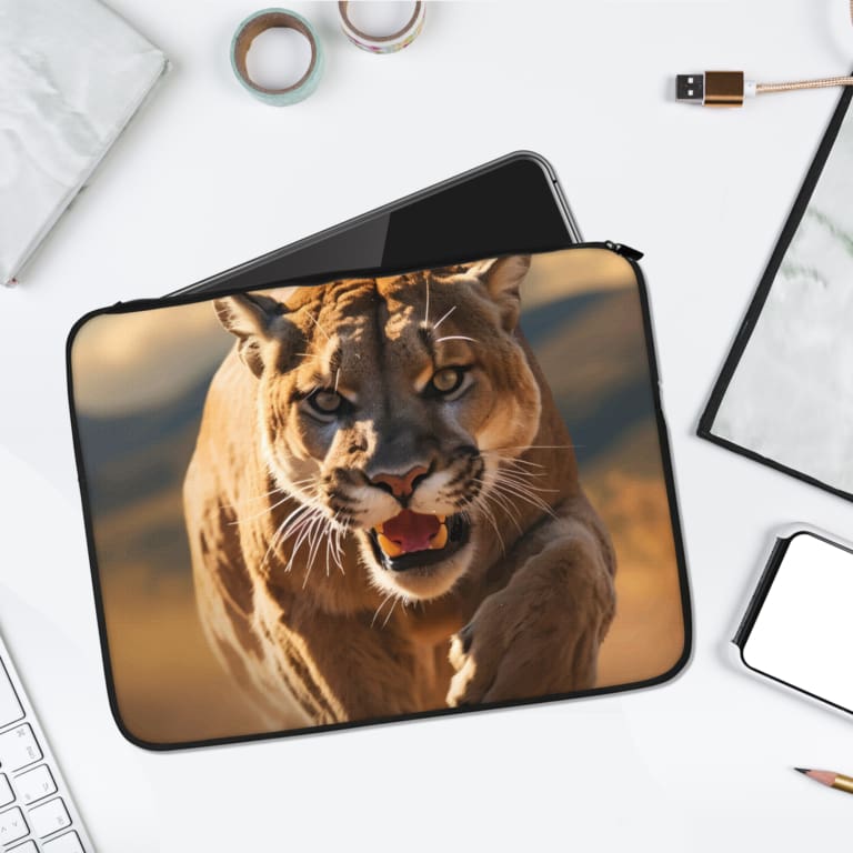 Infidu Puma Laptop Sleeve featuring a realistic puma in motion with a blurred outdoor background, showcasing natural colors and wildlife beauty. laptop sleeve kept on a plain white background