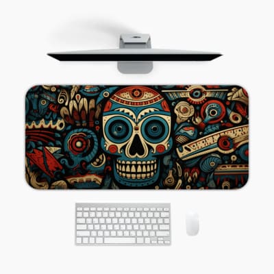 Desk mat with a colorful Day of the Dead skull design featuring intricate patterns in blue, red, white, and black. A desk pad under the computer