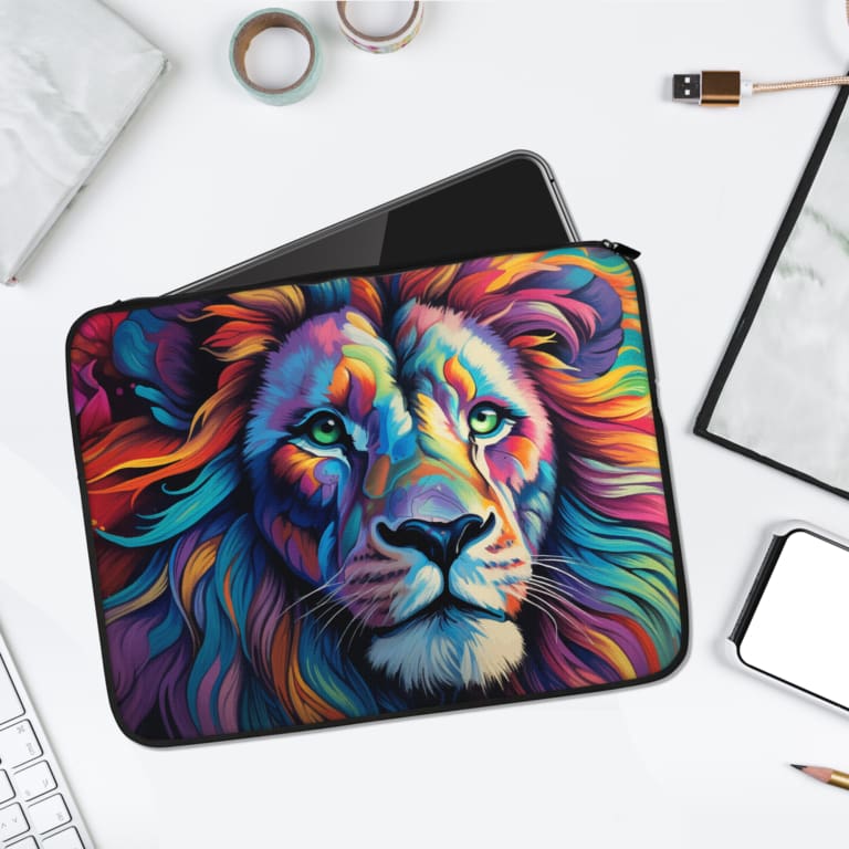 Vibrant lion art design laptop sleeve with blue, pink, yellow, and purple colors. Protect your device in style. laptop sleeve kept on a plain white background