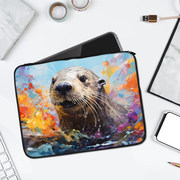 Artistic otter laptop sleeve with vibrant light blue, orange, and purple water-inspired patterns. laptop sleeve kept on a plain white background