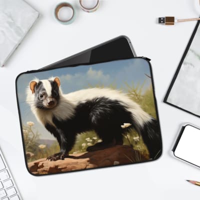 Laptop sleeve with skunk design, black, white, and natural tones, featuring a rock and outdoor background with a clear blue sky. laptop sleeve kept on a plain white background