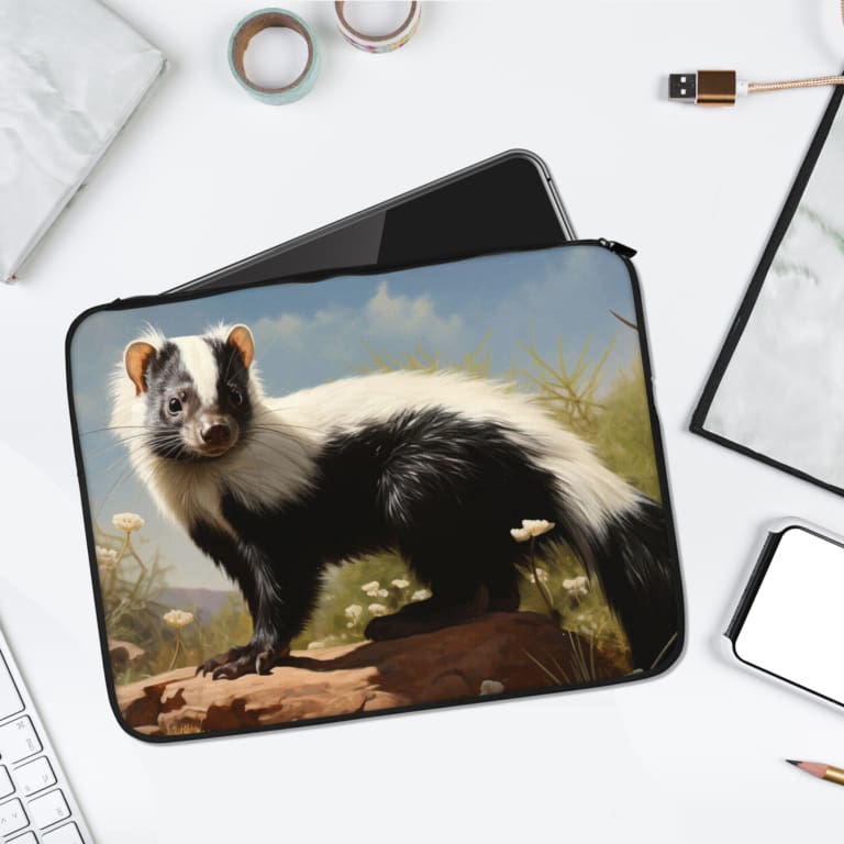 Laptop sleeve with skunk design, black, white, and natural tones, featuring a rock and outdoor background with a clear blue sky. laptop sleeve kept on a plain white background