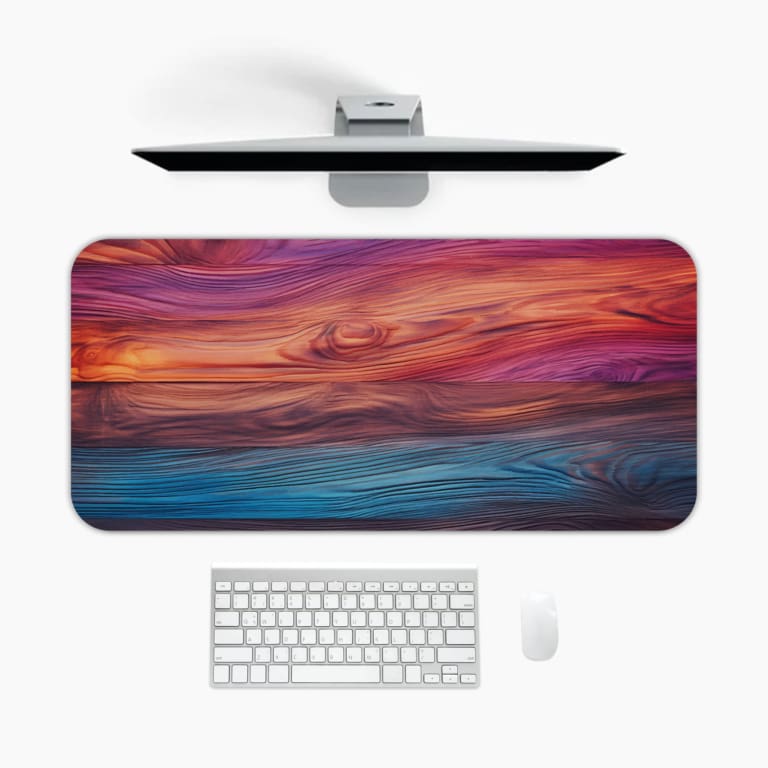 Desk pad with a vibrant modern woodgrain design featuring shades of purple, pink, orange, brown, and blue with a gradient effect. A desk pad under the computer