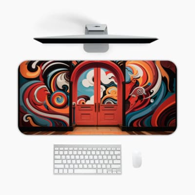 Infidu desk mat with a vibrant abstract mural featuring red doors and swirling colorful patterns. A desk pad under the computer