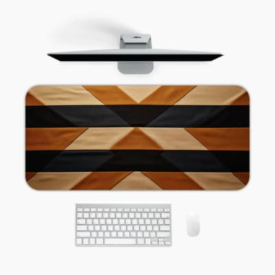 Geometric wood-inspired desk mat with diagonal stripes and triangles in black, brown, and light wood tones against a white background. A desk pad under the computer