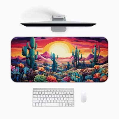 Infidu Desert Sunset Desk Mat shows a sunset sky with vibrant cacti and colorful blooms. A desk pad under the computer