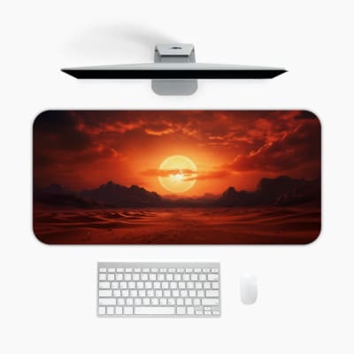Infidu Natural Desk Mat with a vibrant reddish-orange sunset sky and dark landscape. A desk pad under the computer