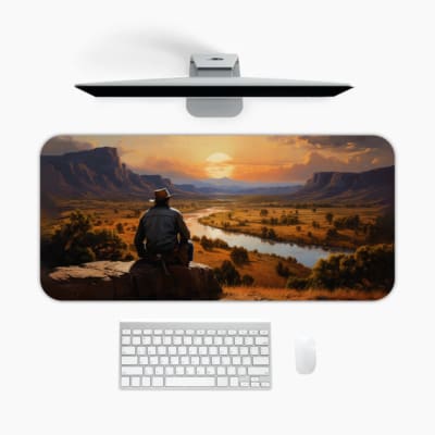 Desk mat featuring a western sunset landscape with a silhouetted figure overlooking a winding river through a desert canyon. A desk pad under the computer