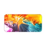 Desk pad with a vibrant abstract swirl design in orange, yellow, gray, blue, and pink. Desk Pad kept on a plain white background