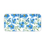 Desk pad with light blue flowers, yellow centers, and green leaves on a white background. Desk Pad kept on a plain white background