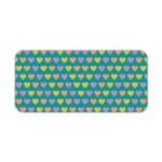 Infidu desk pad featuring colorful hearts in pink, yellow, and light purple on a teal background. Desk Pad kept on a plain white background
