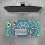 Infidu Colorful Teal and Pink Mandala Design Desk Pad with intricate teal, pink, and white patterns. Desk Pad with Keyboard and Mouse on top of the desk pad