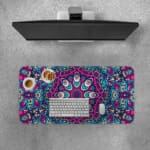 Infidu Colorful Mandala Design Desk Pad with intricate patterns in pink, blue, purple, and teal, plus white and black accents. Desk Pad with Keyboard and Mouse on top of the desk pad
