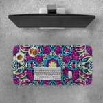 Infidu Colorful Mandala Design Desk Pad with intricate blue, pink, and purple patterns on a light background. Desk Pad with Keyboard and Mouse on top of the desk pad