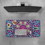 Infidu Colorful Geometric Pattern Desk Pad with pink, blue, yellow, and black geometric shapes on a soft yellow background. Desk Pad with Keyboard and Mouse on top of the desk pad