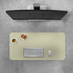 Infidu Minimalist Desk Mat with light gray and white tones, showcasing a sleek and modern design. Desk Pad with Keyboard and Mouse on top of the desk pad