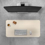 Infidu Beige Desk Pad with light orange checkered grid design, minimalistic and modern. Desk Pad with Keyboard and Mouse on top of the desk pad
