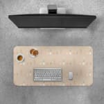 Infidu Soft Brown Desk Pad with White Dots Design. Soft brown background with white dots scattered across. Desk Pad with Keyboard and Mouse on top of the desk pad