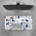 Infidu Blue and White Animal Shapes Playful Design Desk Pad with abstract shapes on a light background. Desk Pad with Keyboard and Mouse on top of the desk pad