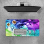Infidu Watercolor Gradient Abstract Desk Pad with vibrant blue, purple, green, and white colors in a gradient pattern. Desk Pad with Keyboard and Mouse on top of the desk pad