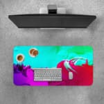 Infidu Vibrant Green and Pink Gradient Desk Pad with wave-like patterns in green, pink, and purple Desk Pad with Keyboard and Mouse on top of the desk pad