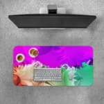 Infidu Dreamy Purple and Green Abstract Desk Pad with soft, blended colors in purple, green, and pink, featuring a smooth, dreamy design. Desk Pad with Keyboard and Mouse on top of the desk pad