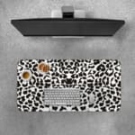 Infidu White Desk Pad with black spotted leopard print design on a white background, adding a chic touch. Desk Pad with Keyboard and Mouse on top of the desk pad