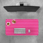 Infidu Vibrant Pink and White Striped Desk Mat with dynamic alternating pink and white stripes. Desk Pad with Keyboard and Mouse on top of the desk pad