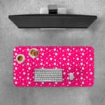 Pink and white polka dot desk pad with a classic pattern design. Desk Pad with Keyboard and Mouse on top of the desk pad