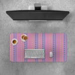 Infidu desk pad with a pink background and vertical columns of blue and yellow dots. Desk Pad with Keyboard and Mouse on top of the desk pad